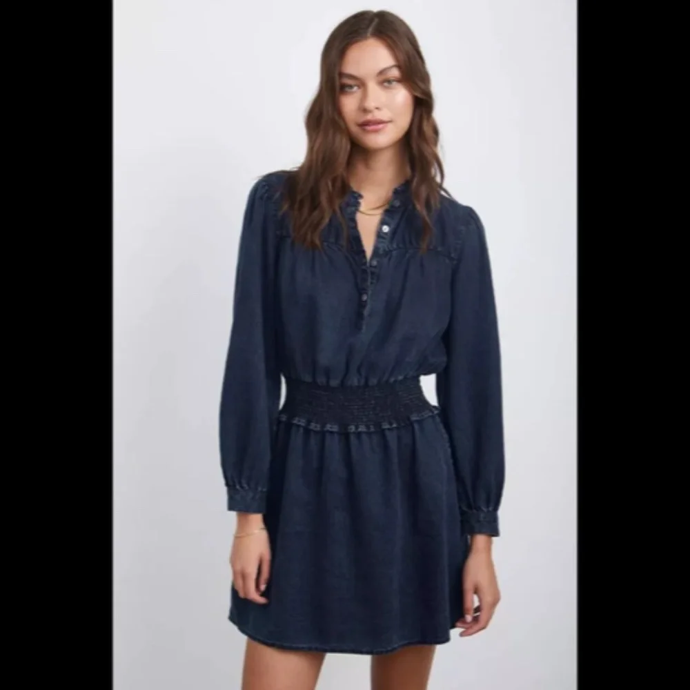 NWOT Rails Shawna Smocked Chambray Dark Vintage Wash Denim Mini Dress Size S